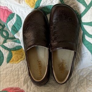 Alegria Dark Brown Embossed Floral Slip-Ons